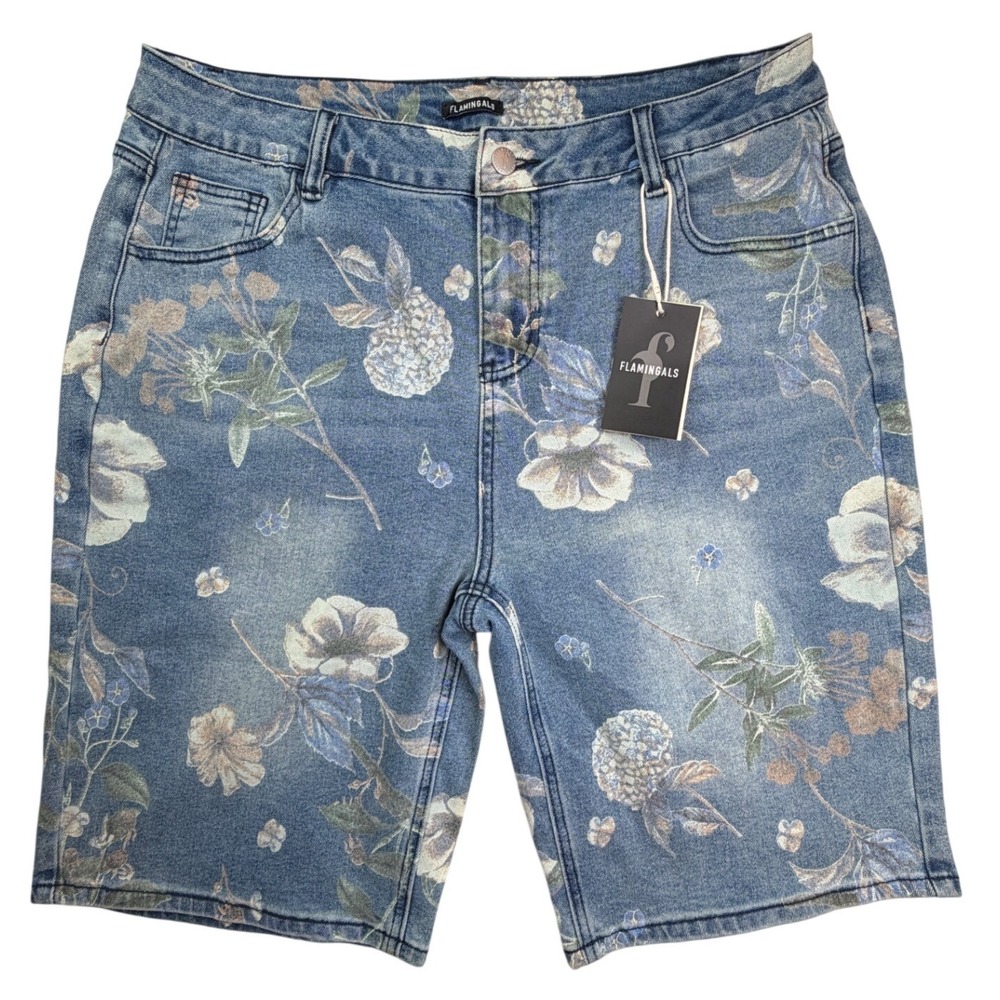 NWT Flamingals Womens Floral Denim Bermuda Shorts Blue 2XL